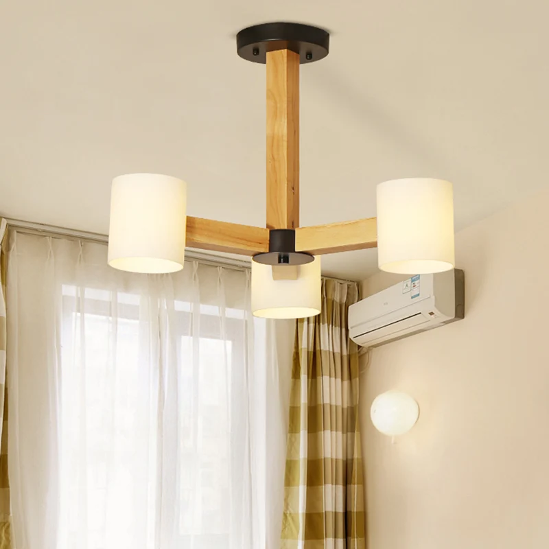 Gecertificeerd IP44 Witte cilindrische lampenkap, Japanse, stijlvolle kroonluchter van glas en hout voor de slaapkamer