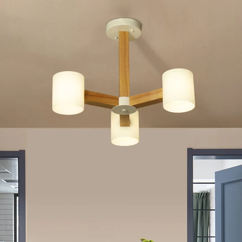 Gecertificeerd IP44 Witte cilindrische lampenkap, Japanse, stijlvolle kroonluchter van glas en hout voor de slaapkamer