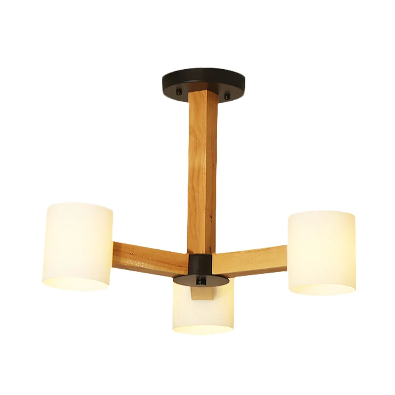 Gecertificeerd IP44 Witte cilindrische lampenkap, Japanse, stijlvolle kroonluchter van glas en hout voor de slaapkamer