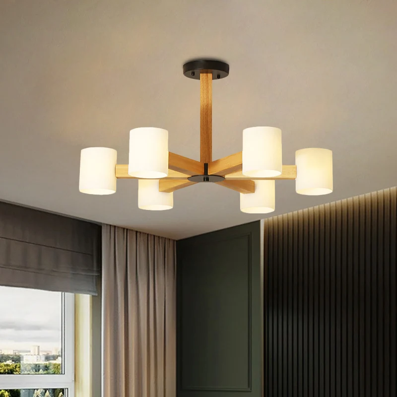 Gecertificeerd IP44 Witte cilindrische lampenkap, Japanse, stijlvolle kroonluchter van glas en hout voor de slaapkamer