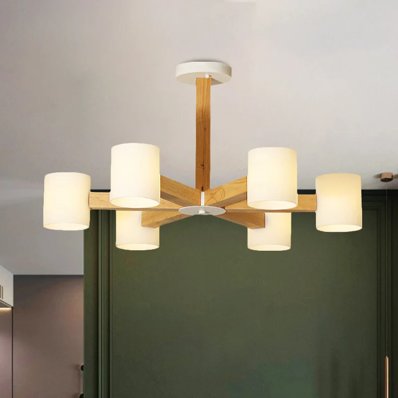 Gecertificeerd IP44 Witte cilindrische lampenkap, Japanse, stijlvolle kroonluchter van glas en hout voor de slaapkamer