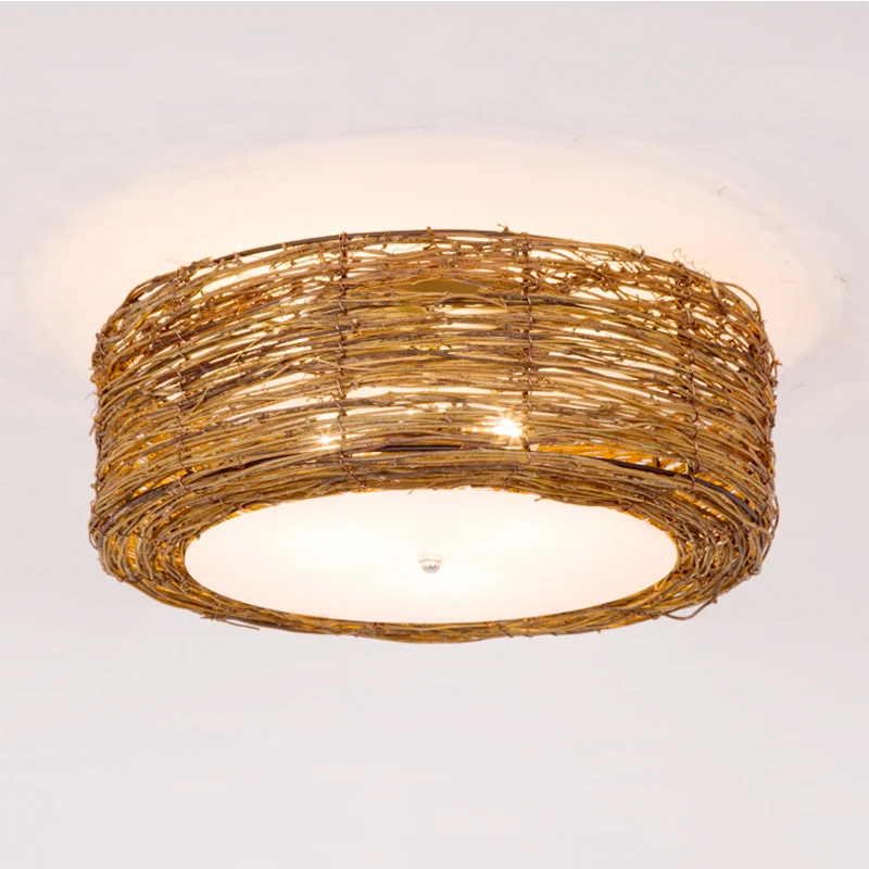 Hand-Woven Flush Mount Lamp Round Shade Eigentijds Rattan 3 Lights Bedroom Ceiling Light Fixture Brown, 16"/19.5" W Brown