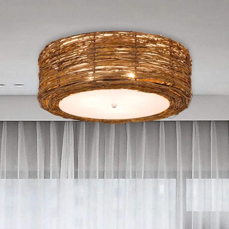 Hand-Woven Flush Mount Lamp Round Shade Eigentijds Rattan 3 Lights Bedroom Ceiling Light Fixture Brown, 16"/19.5" W Brown