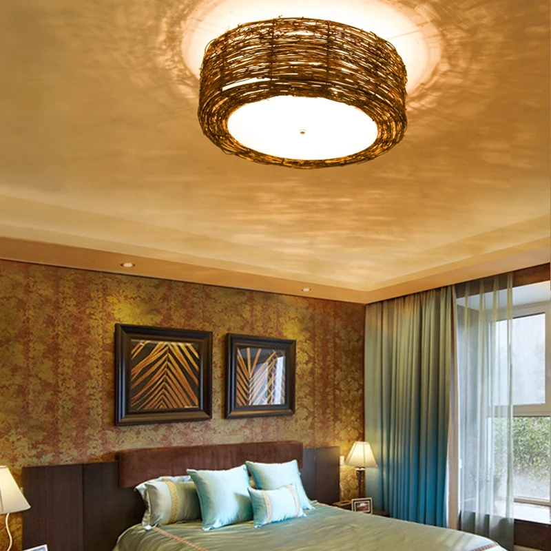 Hand-Woven Flush Mount Lamp Round Shade Eigentijds Rattan 3 Lights Bedroom Ceiling Light Fixture Brown, 16"/19.5" W Brown