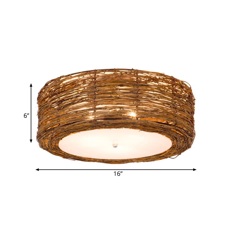 Hand-Woven Flush Mount Lamp Round Shade Eigentijds Rattan 3 Lights Bedroom Ceiling Light Fixture Brown, 16"/19.5" W Brown