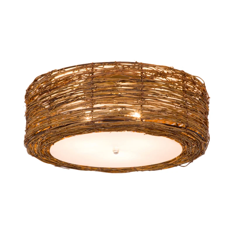 Hand-Woven Flush Mount Lamp Round Shade Eigentijds Rattan 3 Lights Bedroom Ceiling Light Fixture Brown, 16"/19.5" W Brown