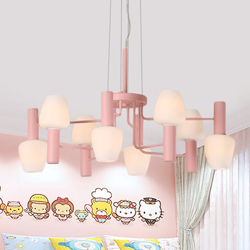 8 Lampen Lounge Plafondkroonluchter Macaron Roze/Geel/Blauw Hanglamp met Up Down Fles Melkglas Kap - Incl. Garantie