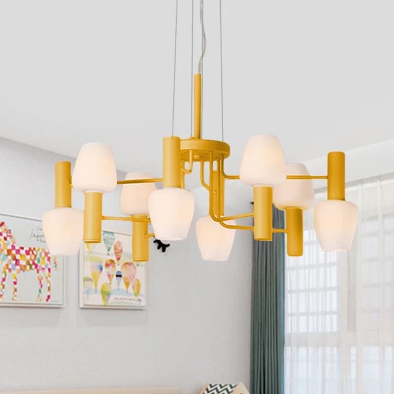 8 Lampen Lounge Plafondkroonluchter Macaron Roze/Geel/Blauw Hanglamp met Up Down Fles Melkglas Kap - Incl. Garantie