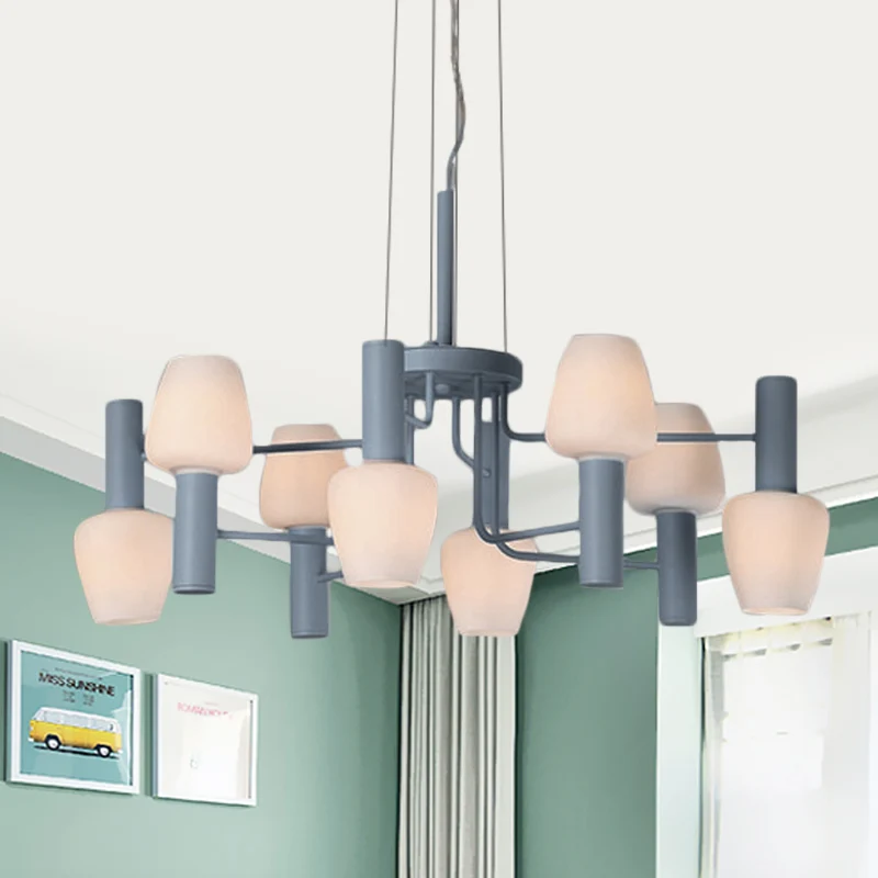 8 Lampen Lounge Plafondkroonluchter Macaron Roze/Geel/Blauw Hanglamp met Up Down Fles Melkglas Kap - Incl. Garantie