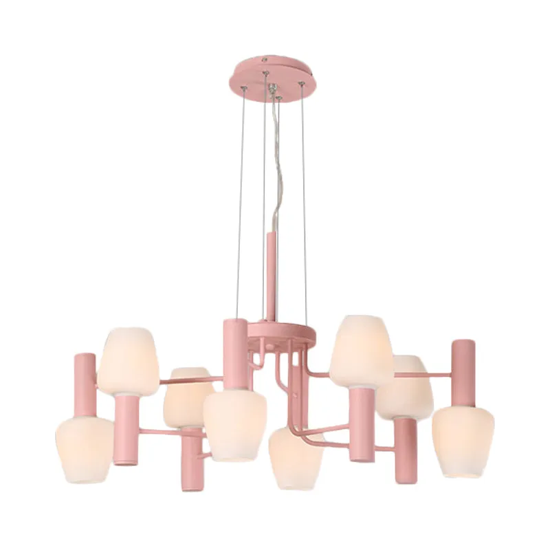 8 Lampen Lounge Plafondkroonluchter Macaron Roze/Geel/Blauw Hanglamp met Up Down Fles Melkglas Kap - Incl. Garantie