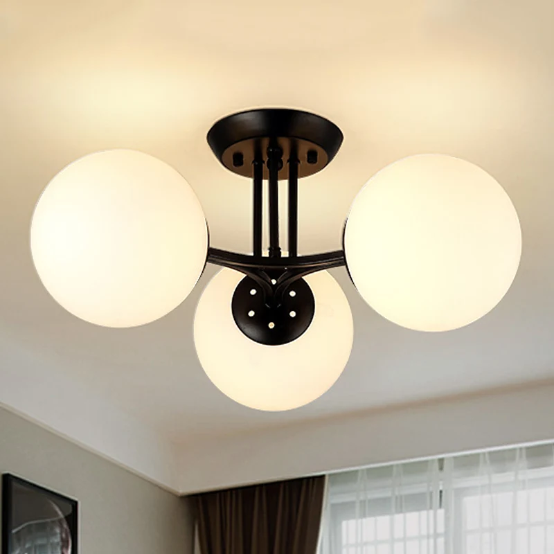 3/6 lampen woonkamer plafondlamp gewoon zwart semi-flush met bol witte glazen kap