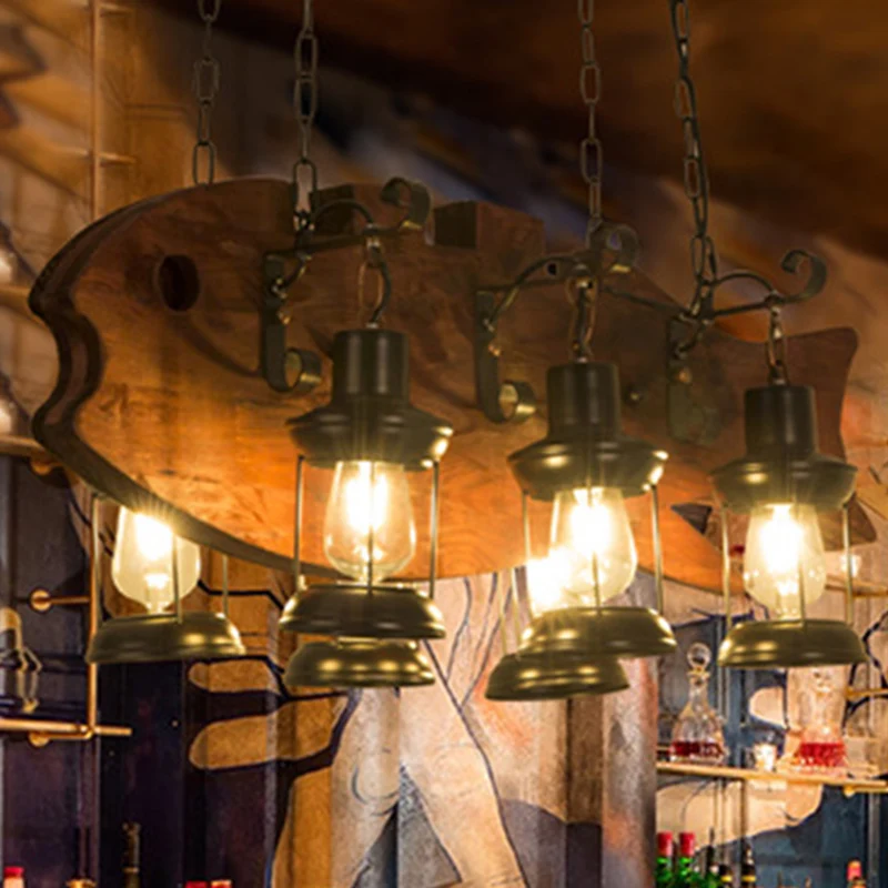 Plafondlamp met 6 lampen en lantaarnkap Metalen kustwoonkamerkroonluchter zwart met rechthoek/vis | Snel Leverbaar