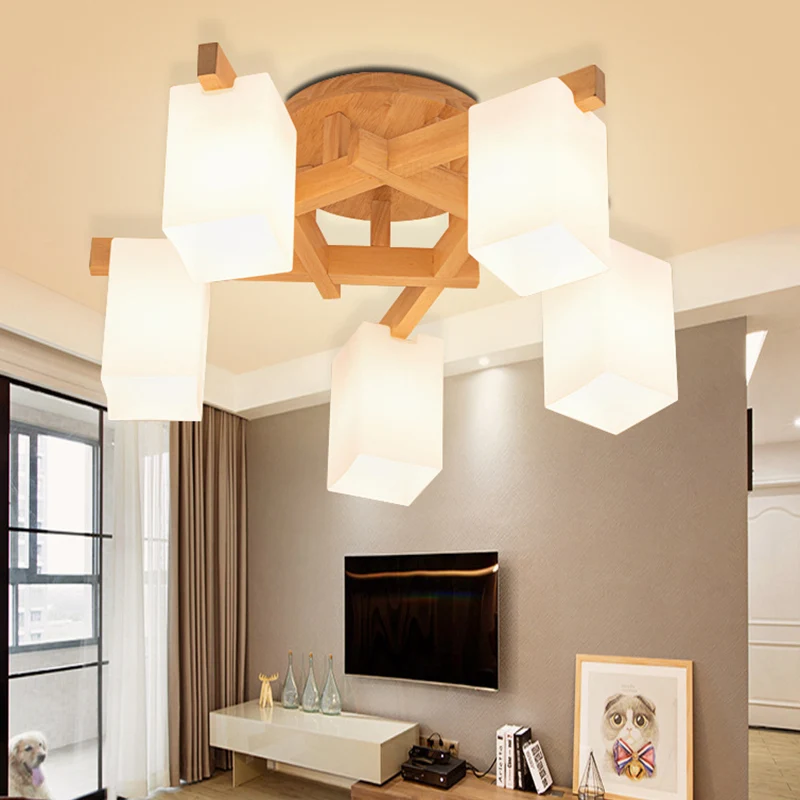 Premium Kwaliteit Plafondlamp houten takvorm Moderne inbouwlamp met melkwitte matglazen kap