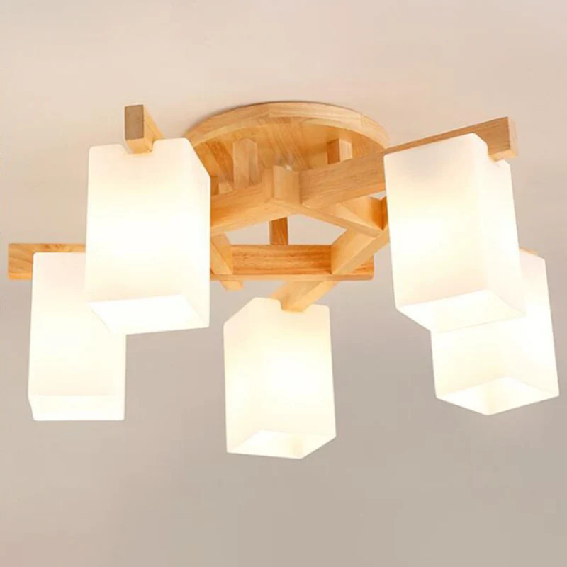 Premium Kwaliteit Plafondlamp houten takvorm Moderne inbouwlamp met melkwitte matglazen kap