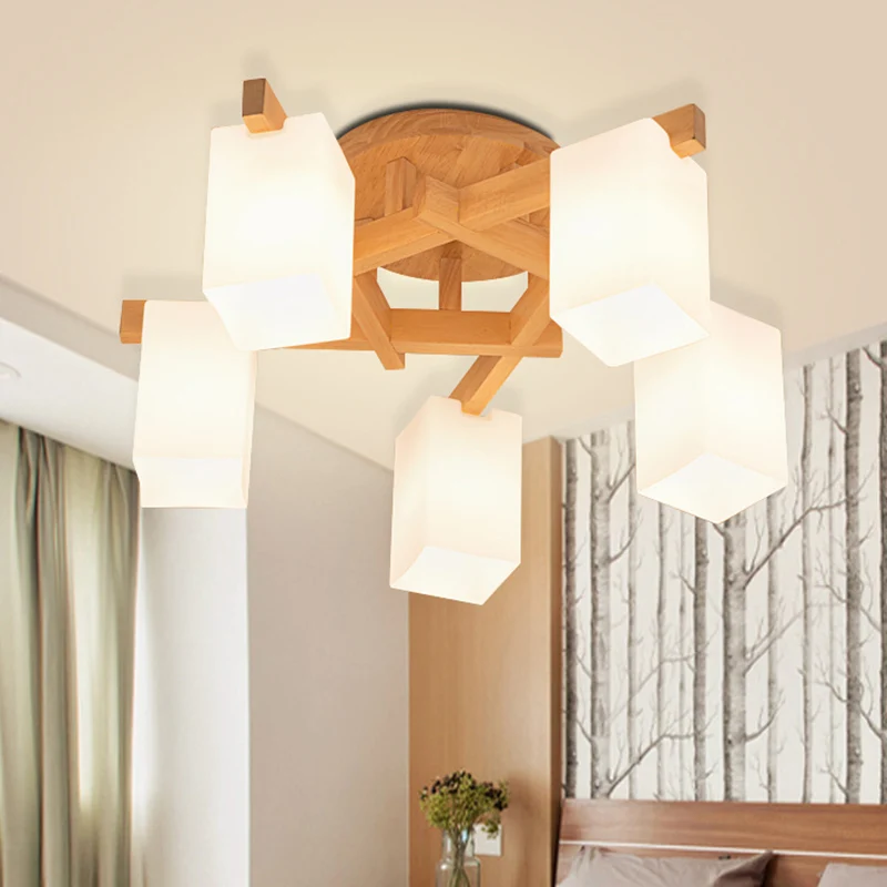Premium Kwaliteit Plafondlamp houten takvorm Moderne inbouwlamp met melkwitte matglazen kap