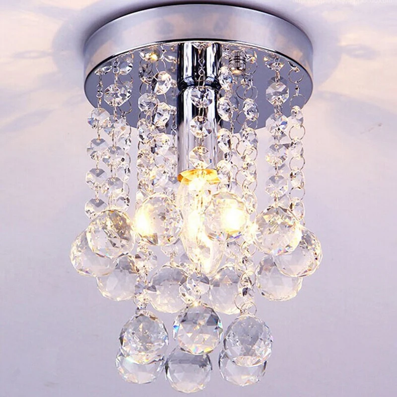 Verchroomd Finish Round Flushmount Light Modern Single Metal Semi Flush Mount Ceiling Fixture Crystal Drops Chrome