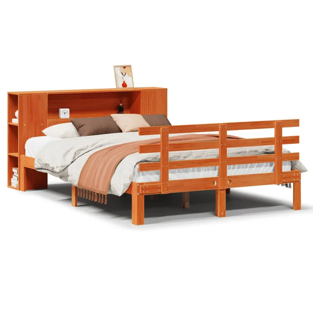 Bed met boekenkast zonder matras grenenhout wasbruin 120x190 cm