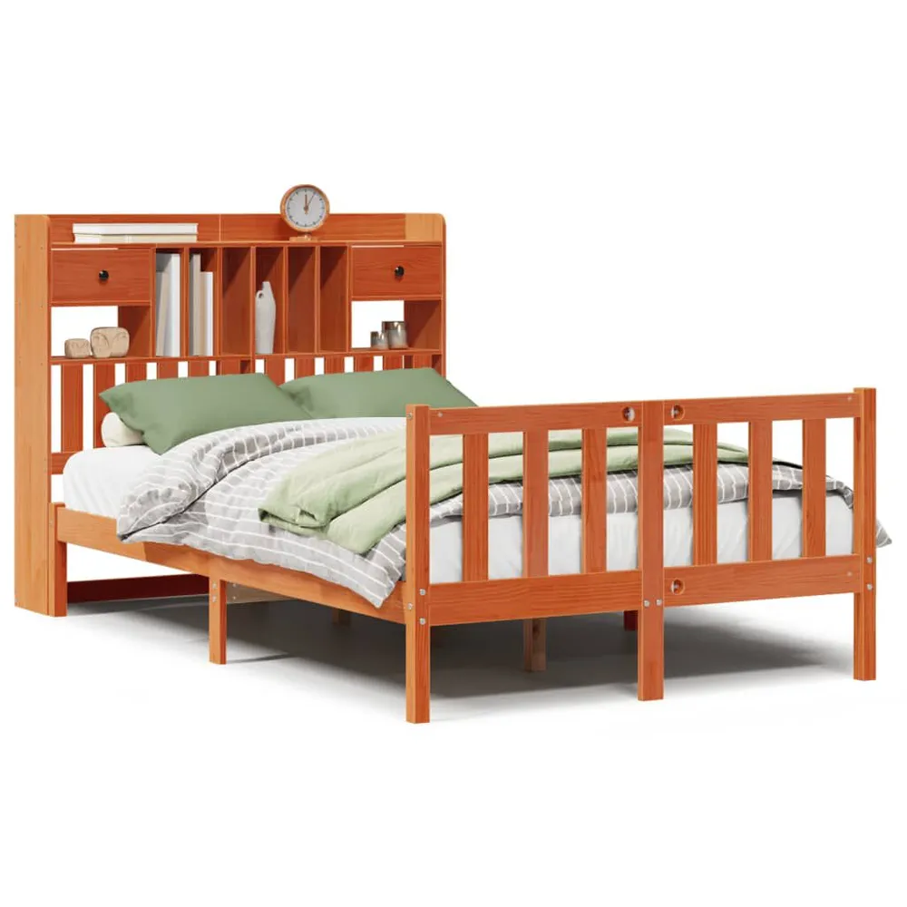 Bed met boekenkast zonder matras grenenhout wasbruin 120x190 cm