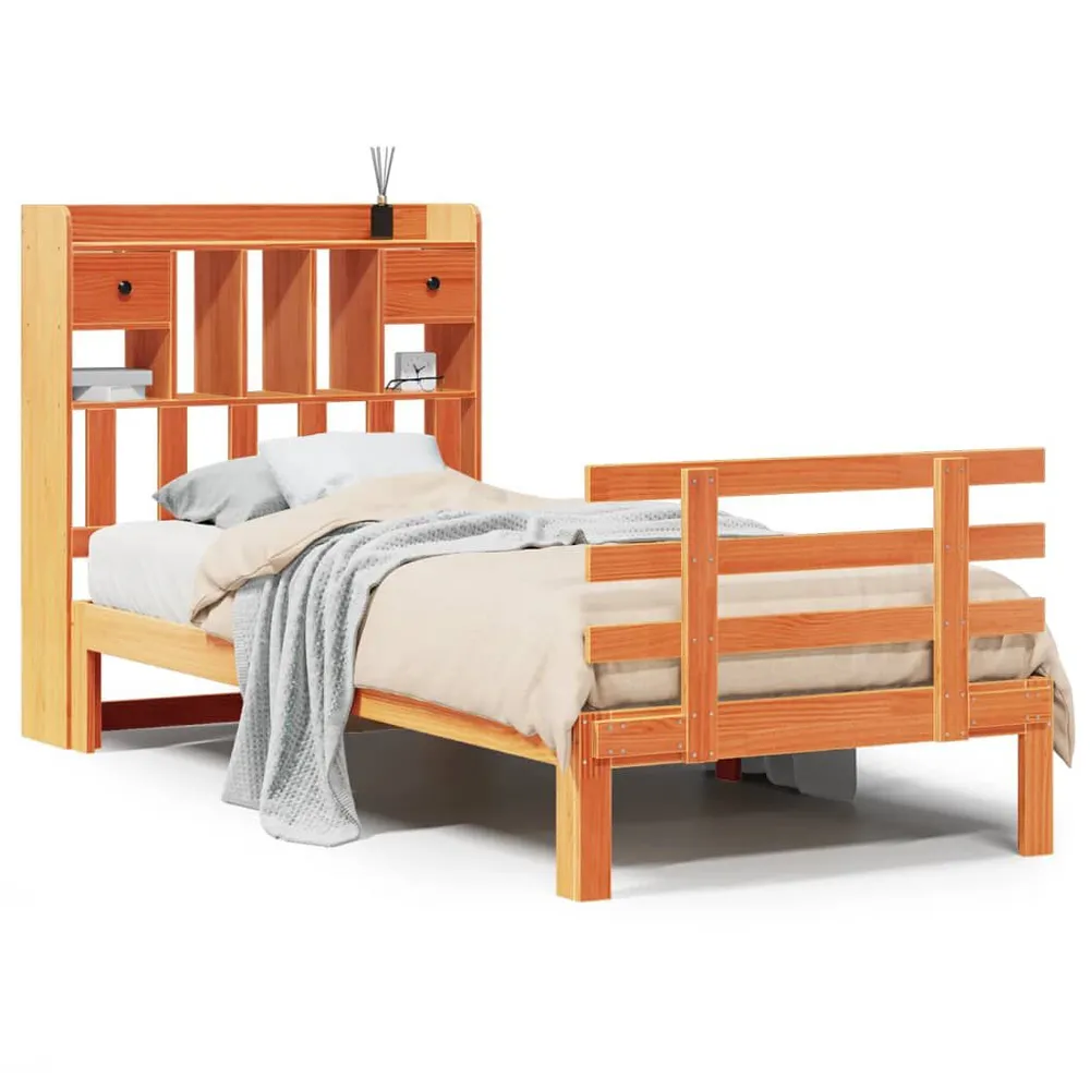 Bed met boekenkast zonder matras grenenhout wasbruin 75x190 cm