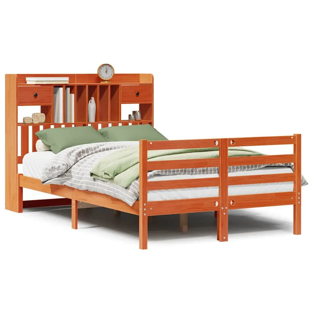 Bed met boekenkast zonder matras grenenhout wasbruin 120x190 cm