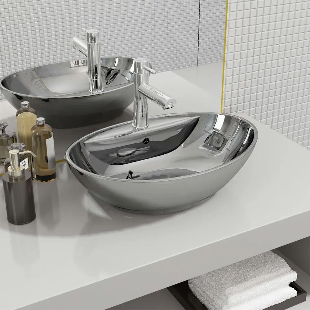 Hands-free Wastafel met overloop 58,5x39x21 cm keramiek zilverkleurig