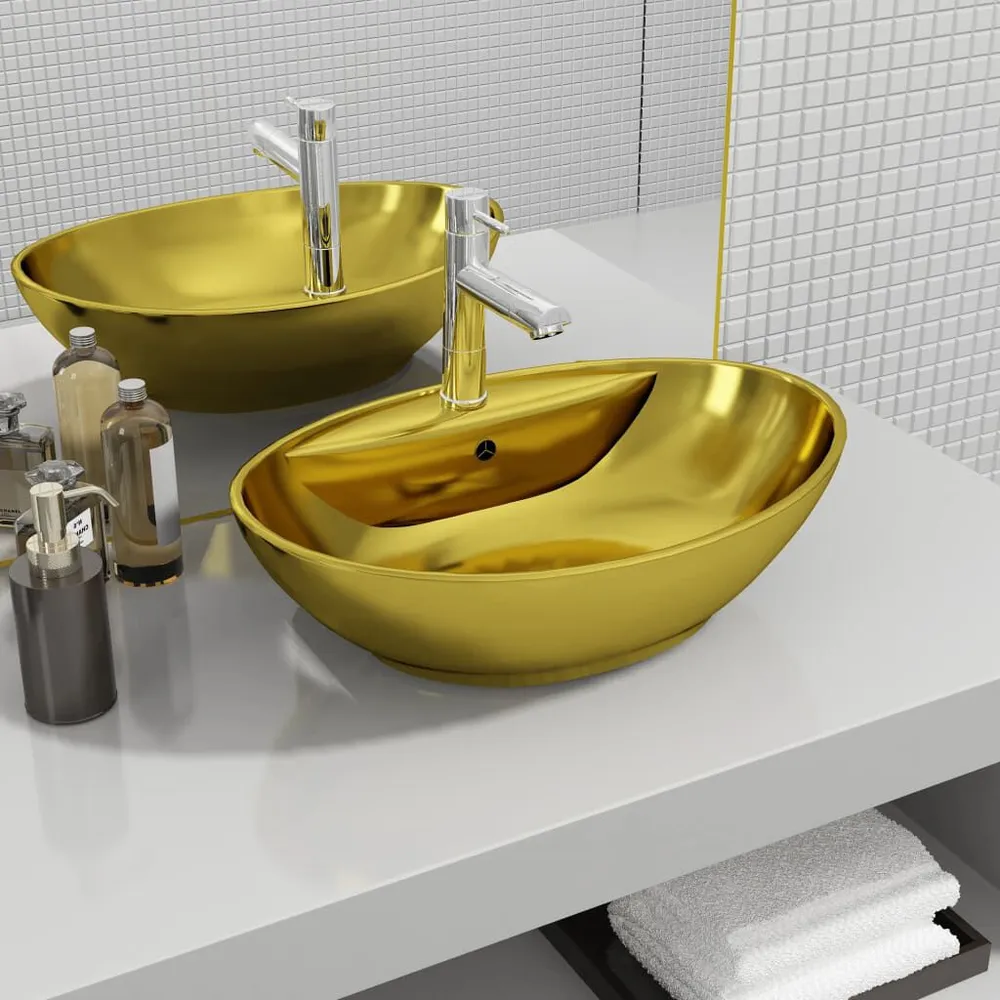 Premium Kwaliteit Wastafel met overloop 58,5x39x21 cm keramiek goudkleurig