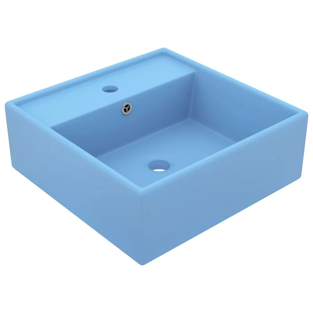 Wastafel met overloop vierkant 41x41 cm keramiek mat lichtblauw met Drukknopbediening