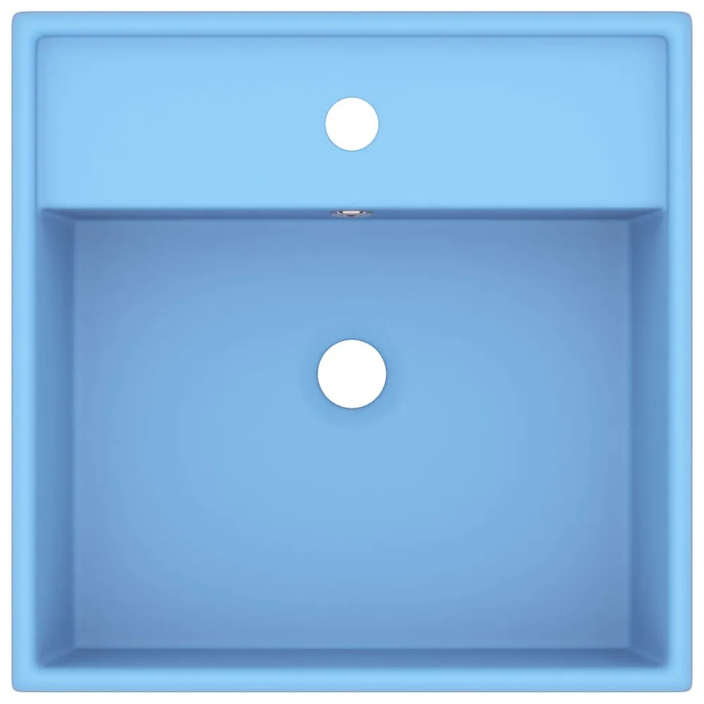 Wastafel met overloop vierkant 41x41 cm keramiek mat lichtblauw met Drukknopbediening