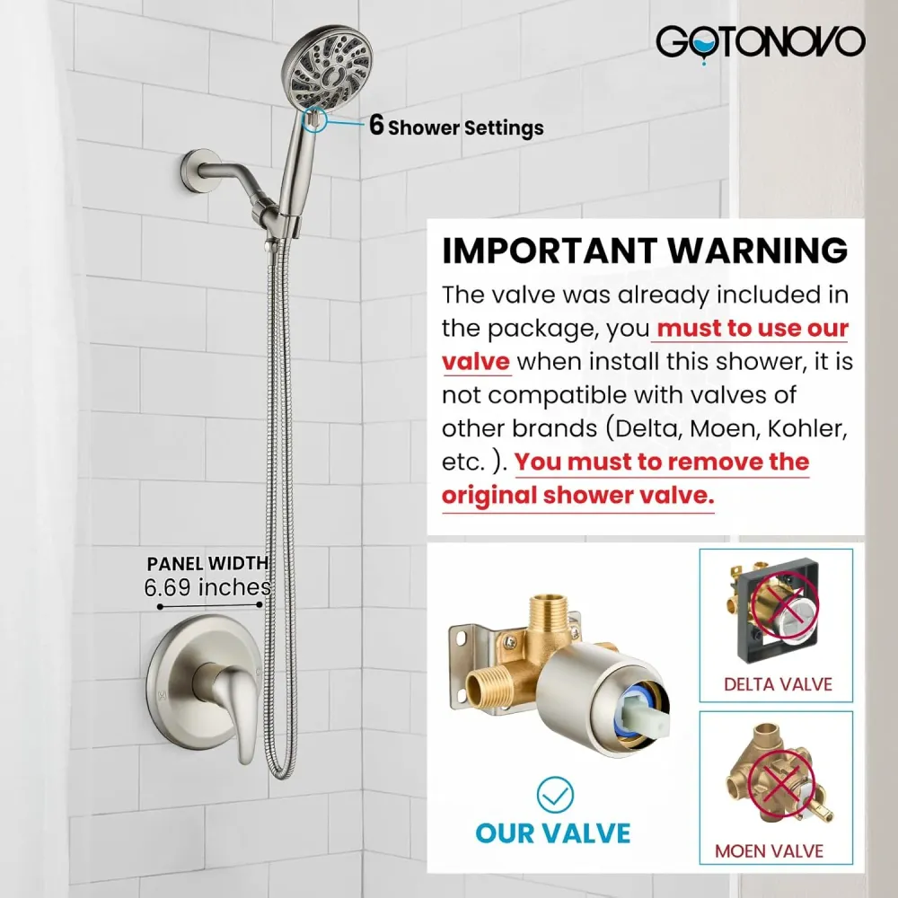 gotonovo Bathroom Shower Head Kit High Pressure Valve Combo System Shower Faucet 6 Modes ABS Handheld Spray Shower Trim Ki...