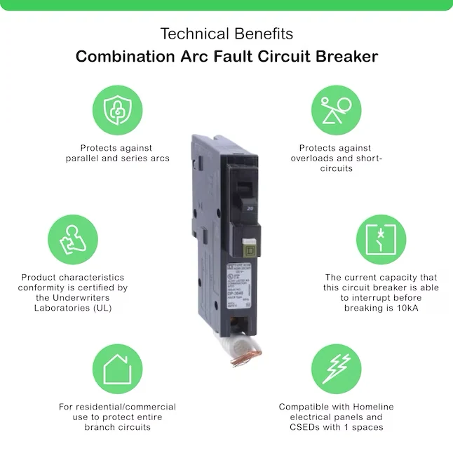 Square D Homeline 20-amp 1-Pole Combination Arc Fault Circuit Breaker met Testknop