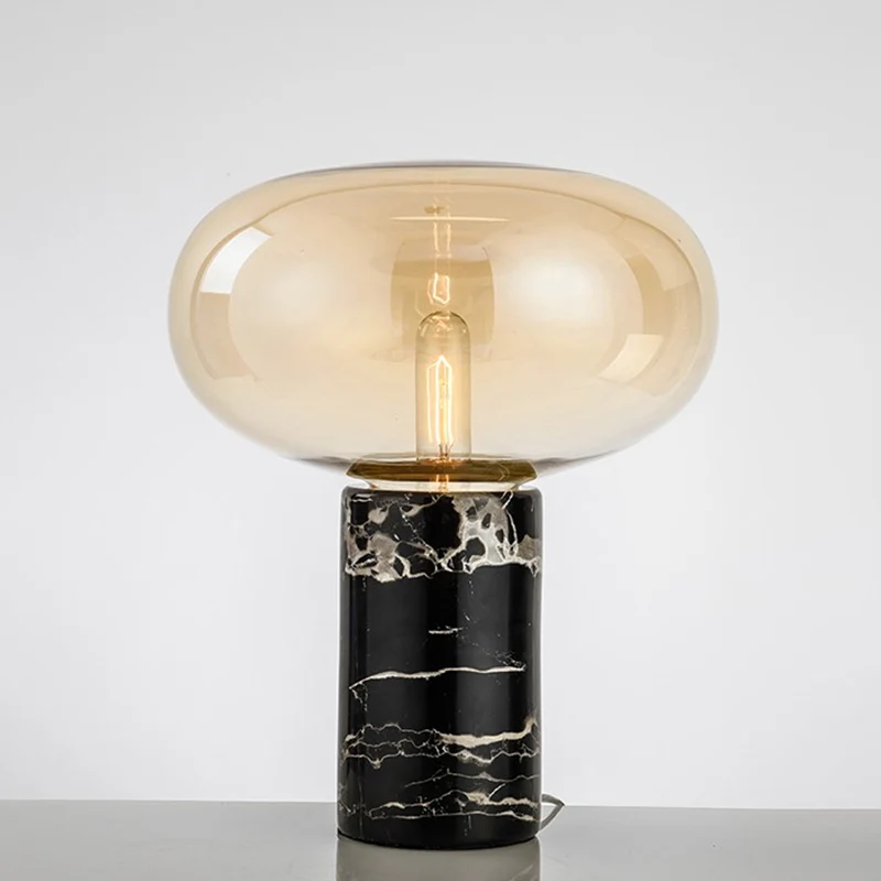 Ellipse rookgrijs/amberkleurige glazen tafellamp Postmodern 1-lichts zwart nachtkastje met cilindrische marmeren voet voor...