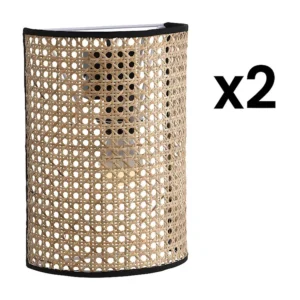 Hoge Kwaliteit Zwartlicht Set van 2 wandlampen van rotan met etnische stijl - IJzer en rotan - H30 cm - Zwart en naturel -...