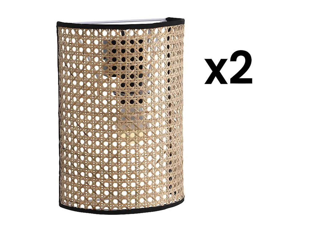 Hoge Kwaliteit Zwartlicht Set van 2 wandlampen van rotan met etnische stijl - IJzer en rotan - H30 cm - Zwart en naturel -...