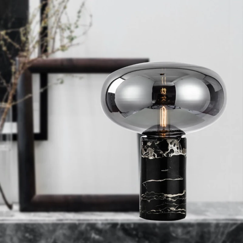 Postmodern ovaal nachtlampje grijs/amber glas 1-lamps woonkamertafellamp met cilindermarmeren voet zwart met 365nm Golflengte