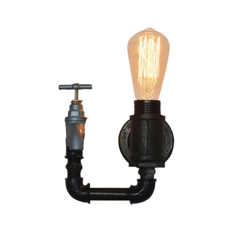 Zwarte waterpijp wandkandelaar industrieel metaal 1 zwak woonkamer mini-wandverlichting met meter-/kraandecoratie