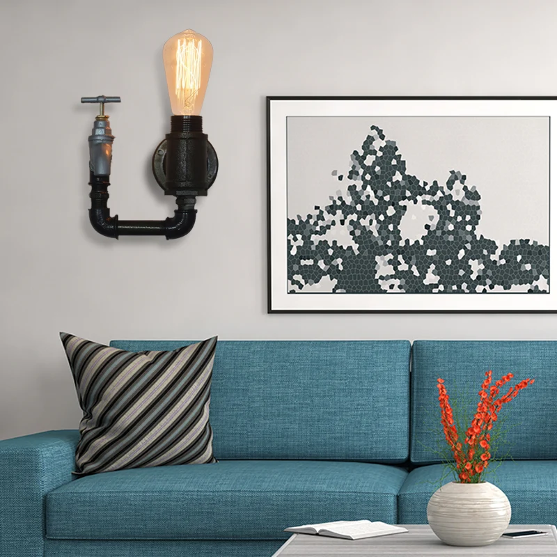 Zwarte waterpijp wandkandelaar industrieel metaal 1 zwak woonkamer mini-wandverlichting met meter-/kraandecoratie